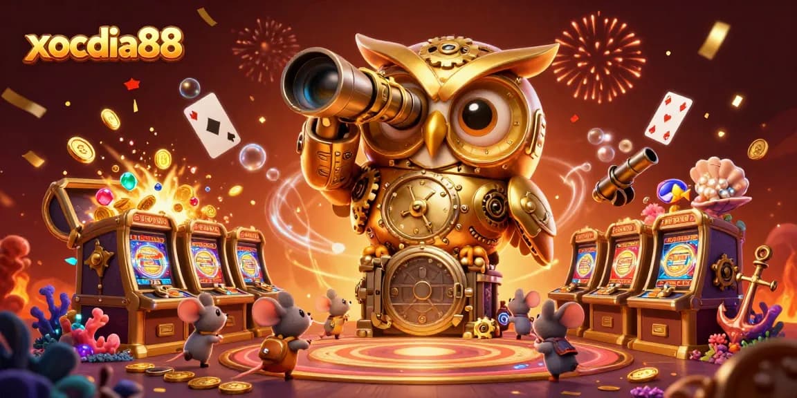 Xocdia88 showcases a vibrant casino scene with a golden owl, mouse patrons, and treasures, capturing the thrill of gaming.