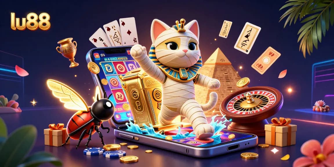 Experience thrilling casino action at lu88 with a vibrant 3D mummy cat and glowing scarab beetle.