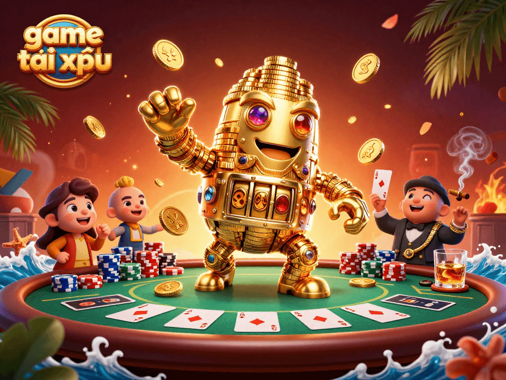 Engage in game tài xỉu with a stunning visualization of a golden golem amidst vibrant casino elements.