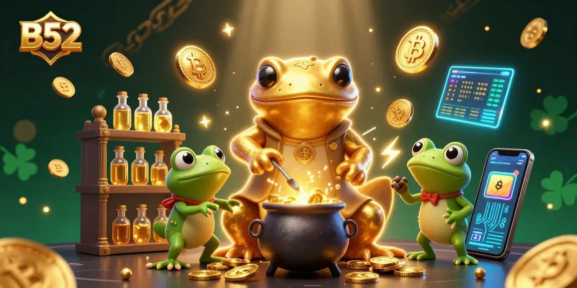 B52 players enjoy dynamic gameplay with golden coins and neon crypto elements in a vibrant casino scene.