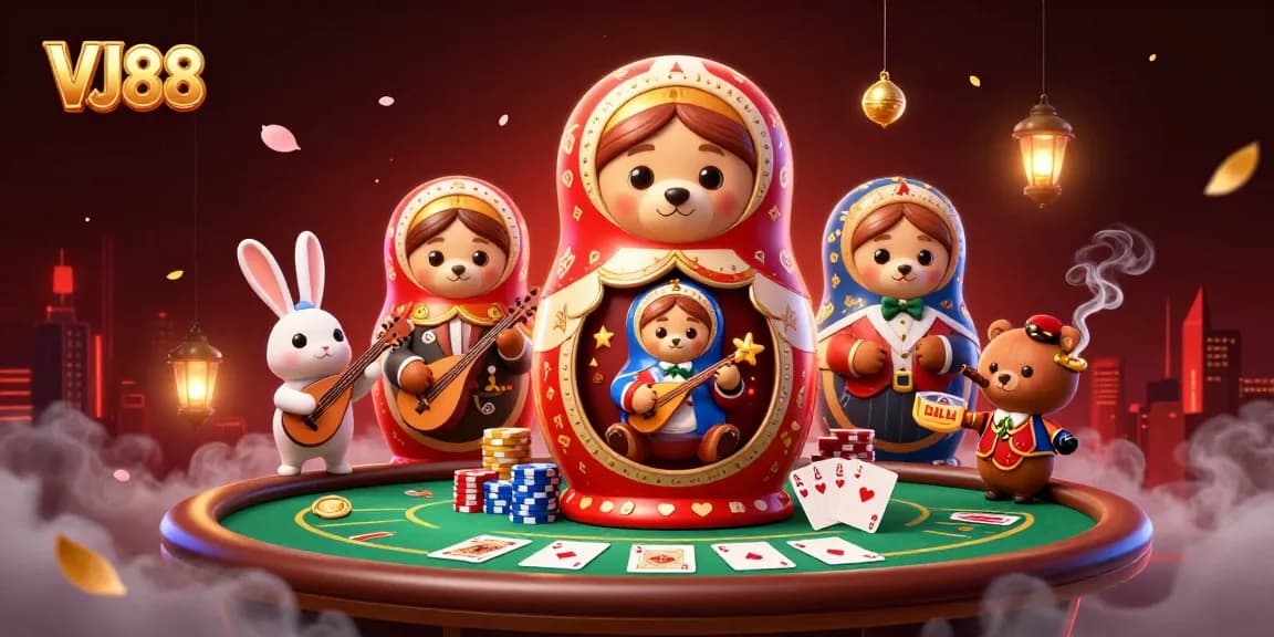 Engage with VJ88's thrilling poker scene featuring unique casino characters.