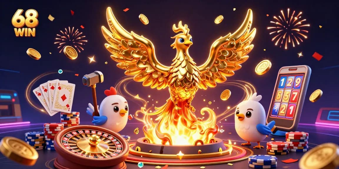 Spin to win at 68 WIN with a golden phoenix and vibrant casino elements.