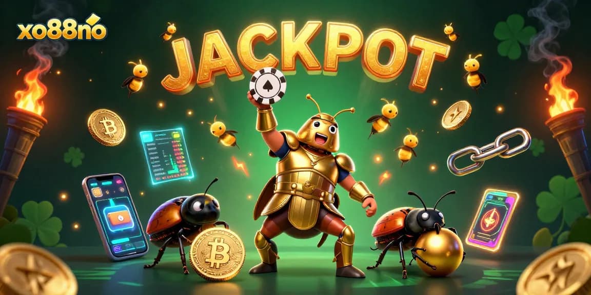 Experience excitement with xo88no as a heroic beetle lifts a poker chip amidst glowing cryptocurrencies.