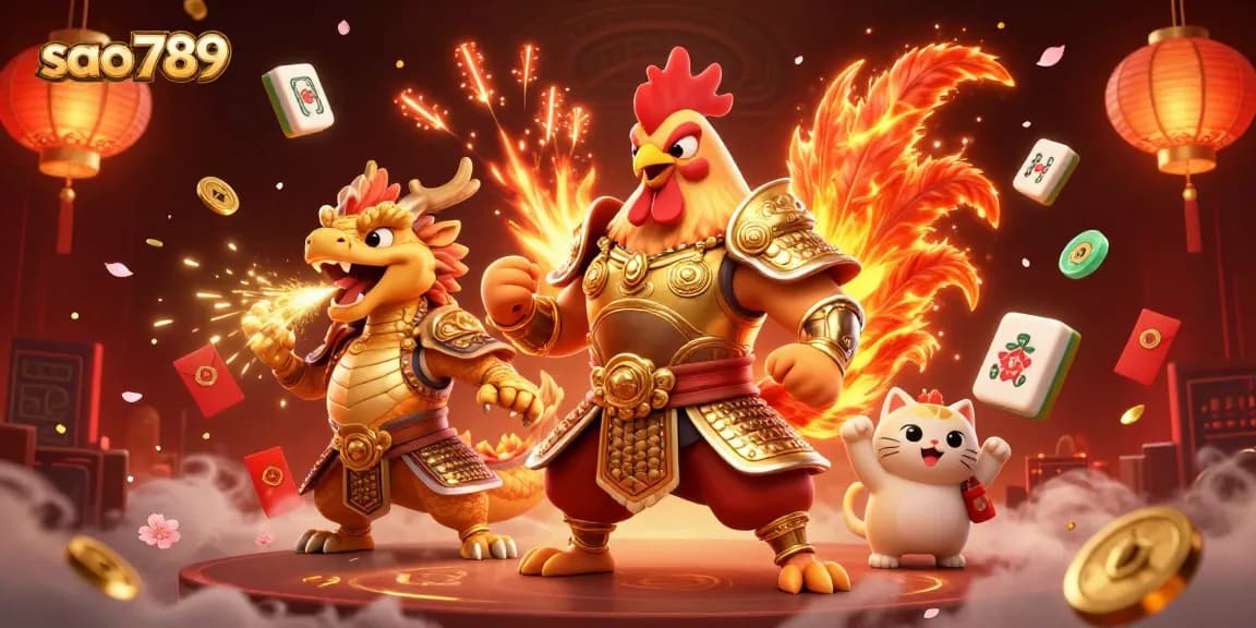 Sao789 features a dynamic scene of a fighting rooster warrior and dragon hatchling celebrating casino victories.