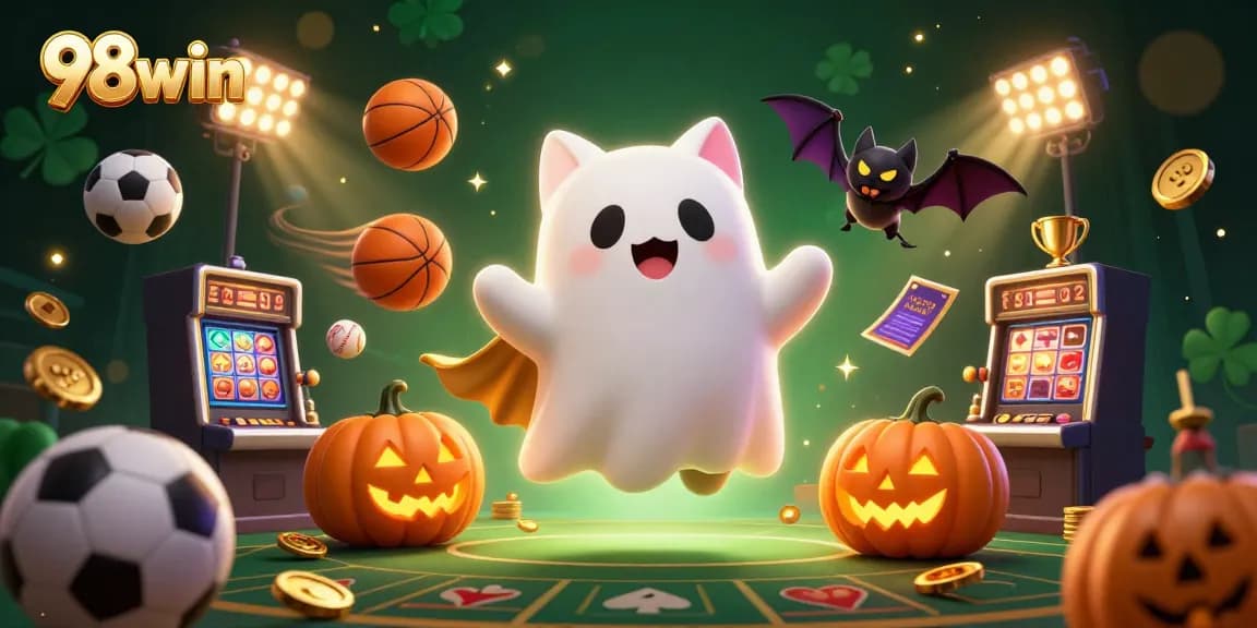 Catch the excitement with 98win’s ghost cat in a haunted casino, featuring dynamic games and vibrant visuals.