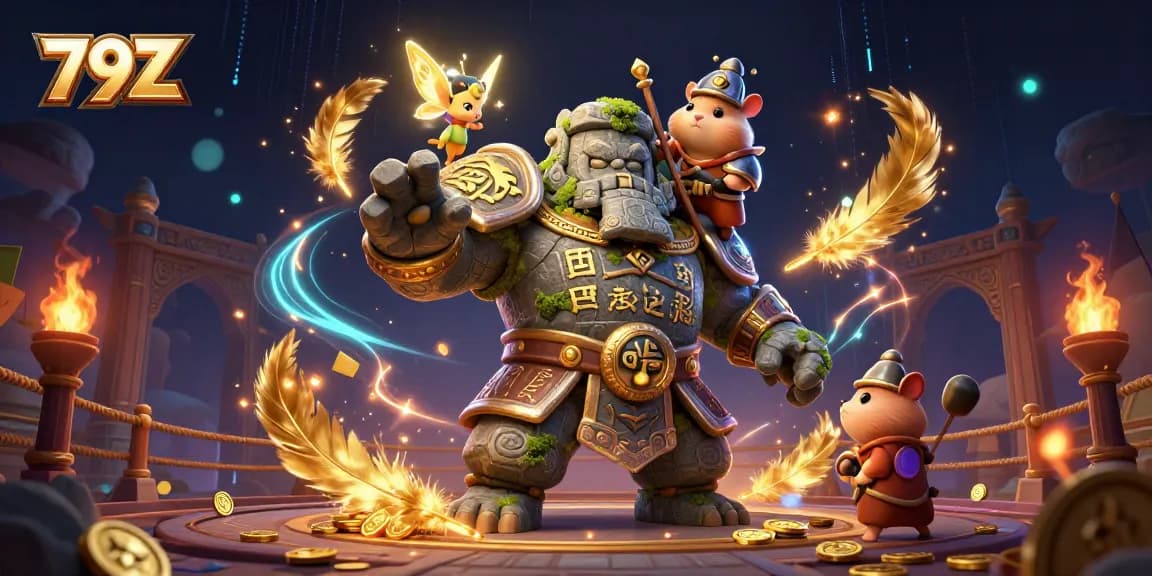 Experience vibrant 79Z gaming magic with a mystical stone golem and fairy casting spells.