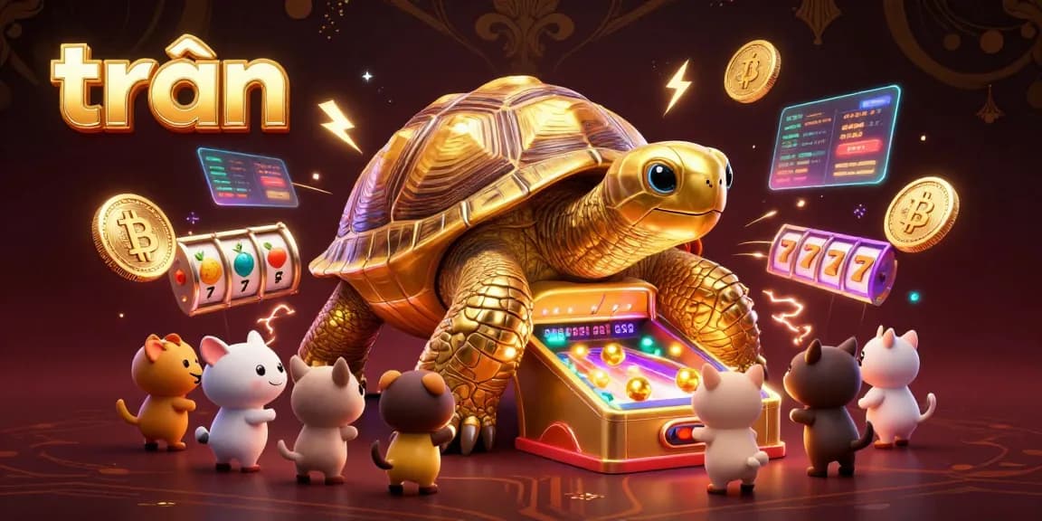 Experience thrilling gameplay with trần: A golden tortoise pinball machine surrounded by vibrant fruit slots.
