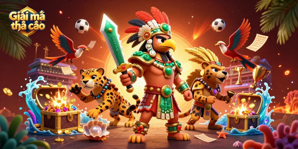 Giãi mã nhà cái showcases dynamic sports betting action with 3D Aztec warriors amid vibrant visuals.