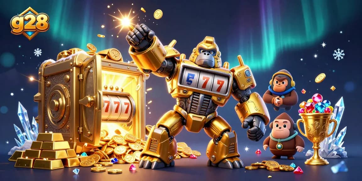 Experience thrilling gaming adventures at G28 with its vibrant gorilla mech and dazzling treasures.