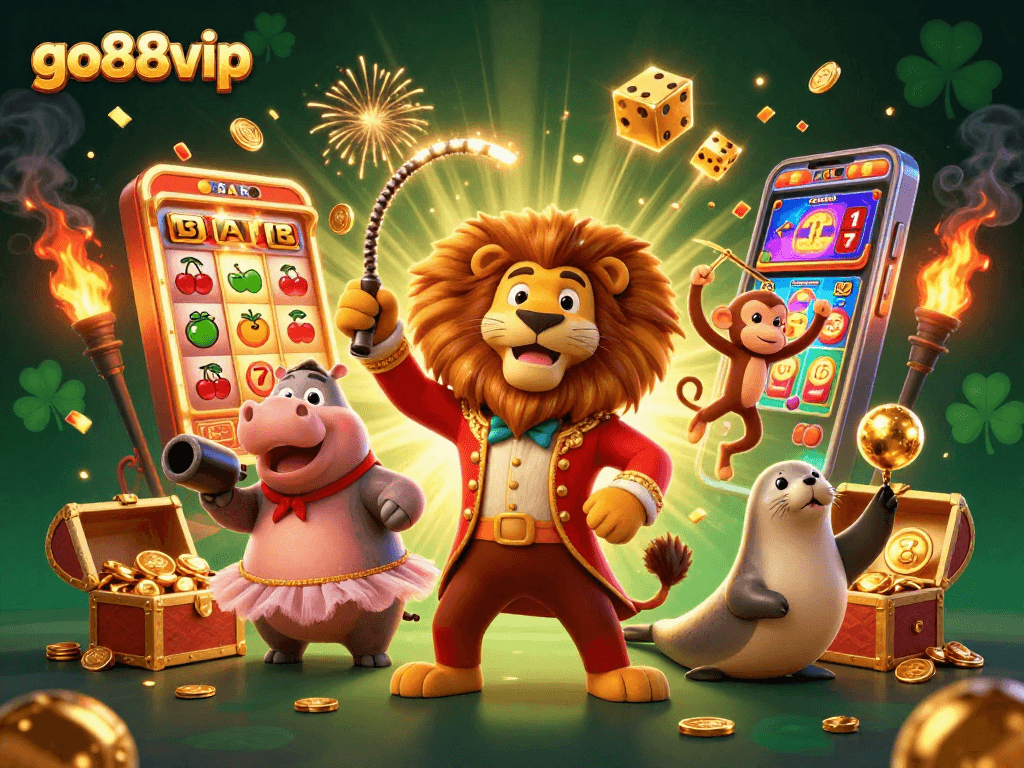 go88vip showcases vibrant 3D casino elements, including a lively slot machine and circus characters.