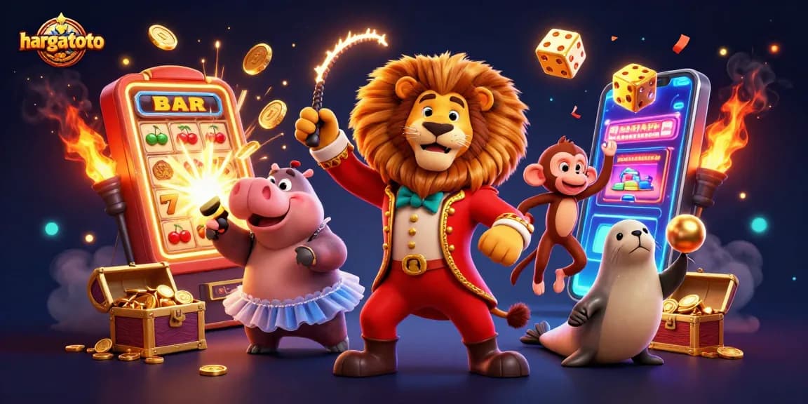 Join the action at hargatoto with a vibrant 3D illustration of exciting casino characters and jackpots.
