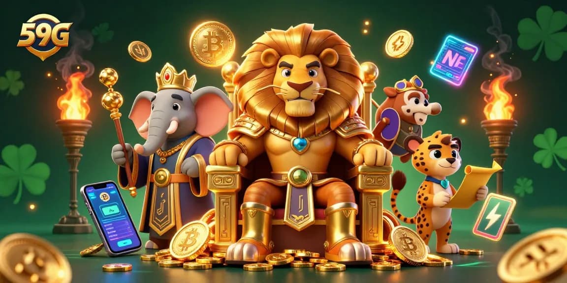 Engage with 59G's thrilling casino environment featuring a royal lion king, vibrant 3D gold coins, and dynamic blockchain elements.