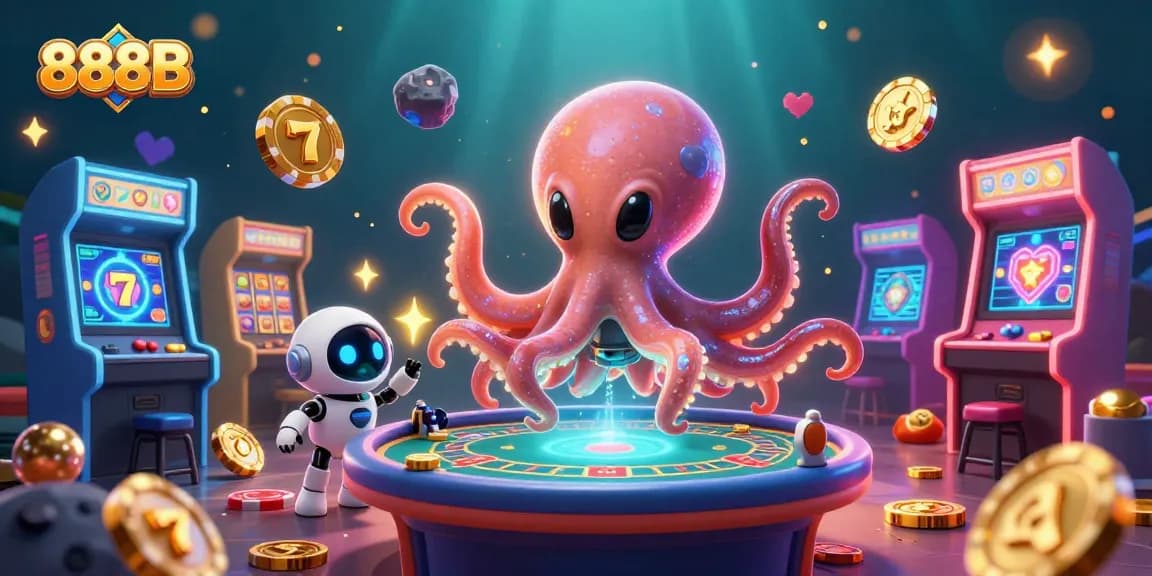 Engage in thrilling gameplay at 888B with an alien octopus and animated poker table elements.