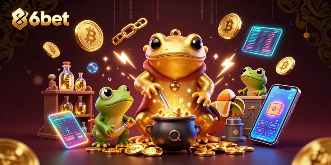 Experience 86bet's enchanting gaming world with golden alchemy and vibrant crypto elements.