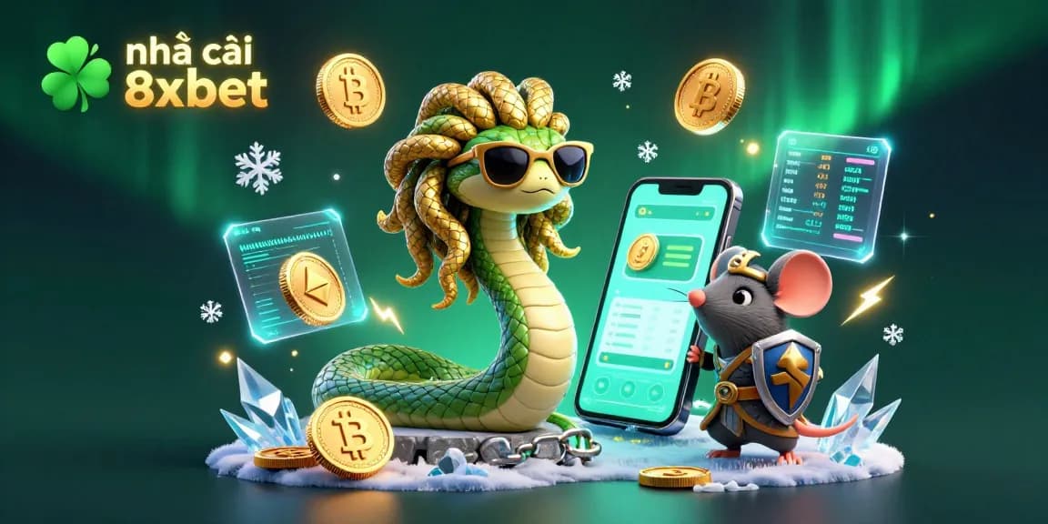 Experience excitement with nhà cái 8xbet in a rich 3D illustration featuring characters and crypto elements.