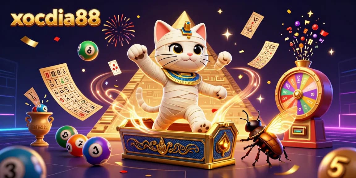 Xocdia88's dynamic gaming scene with a mummy cat, glowing scarab, and casino elements in vibrant colors.
