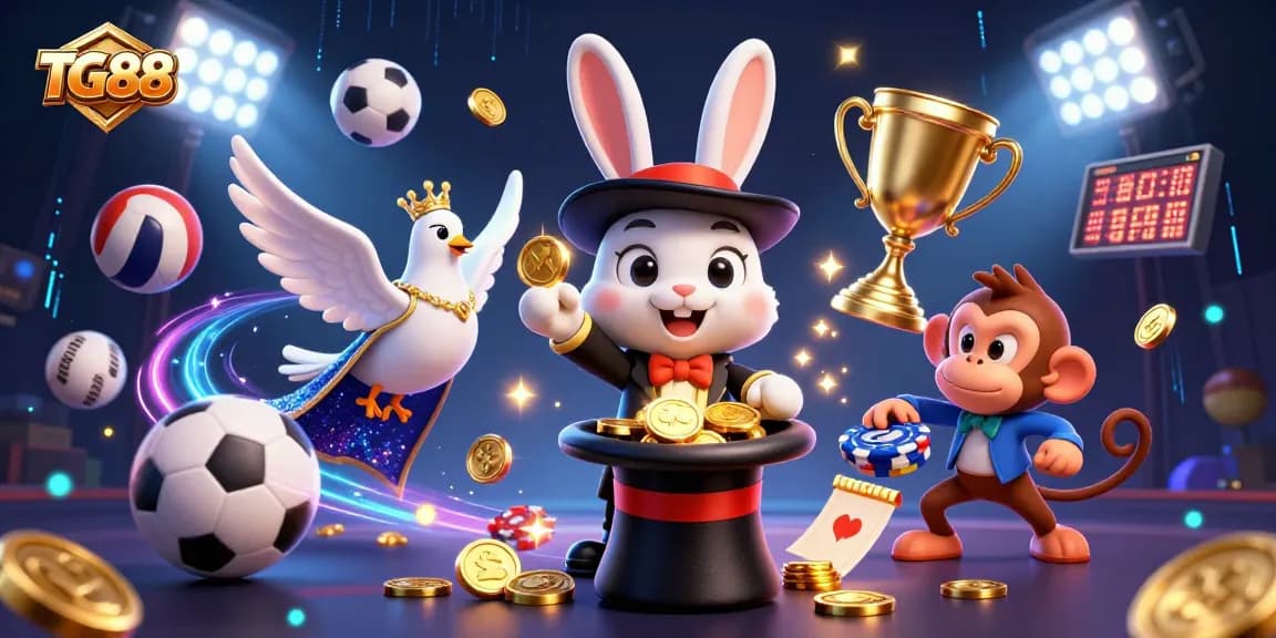 Experience thrilling gameplay at TG88, featuring a magician rabbit and vibrant casino elements.
