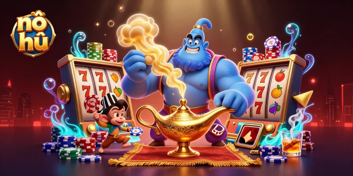 Nổ hũ game scene with a genie, monkey, and poker chips enhancing the excitement of online slots.