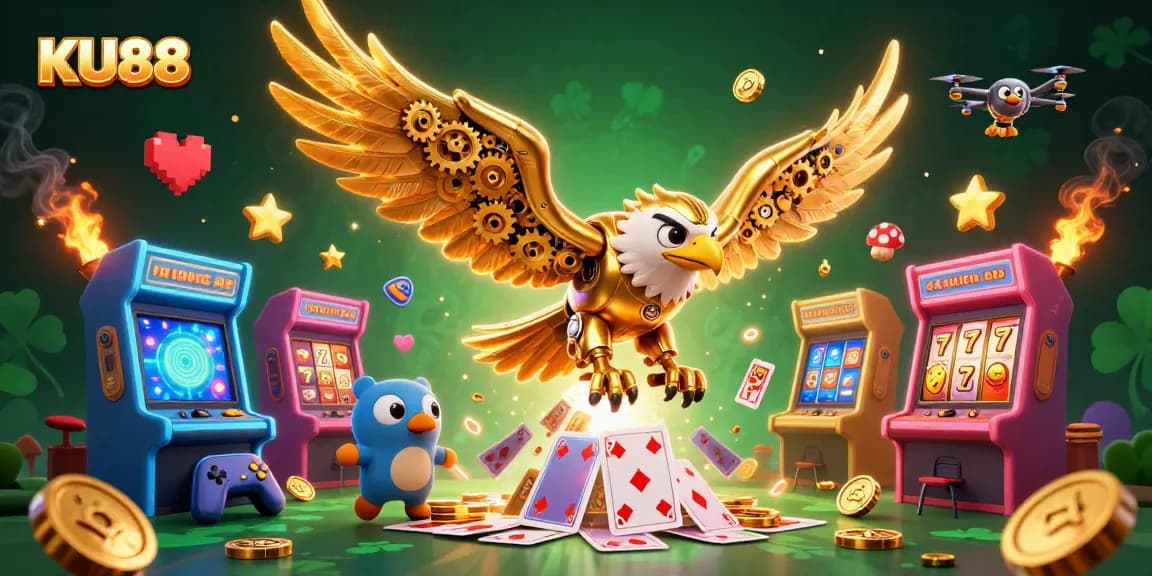 Engage in thrilling gaming action at KU88 amidst vibrant casino elements and holographic visuals.