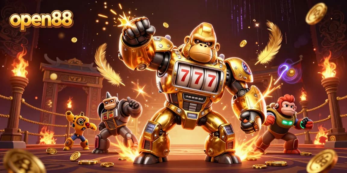 Experience thrilling play at open88 with a dynamic golden gorilla mech and vibrant casino elements.
