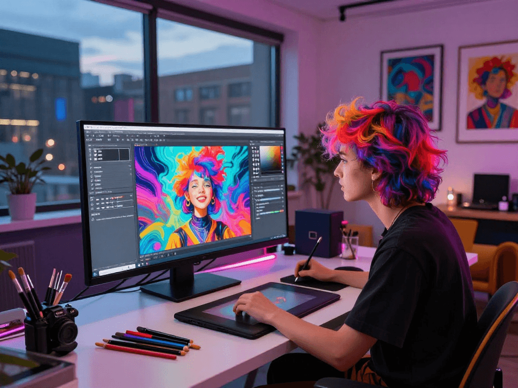 Artist creating unique nsfw ai digital art in a vibrant workspace, showcasing creativity.