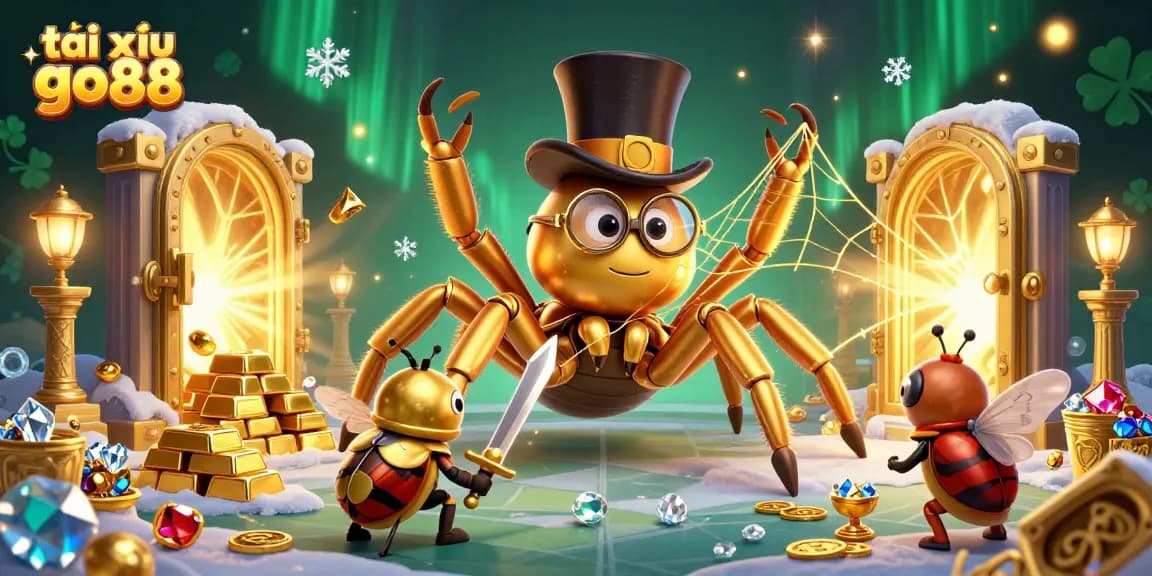 Tai xỉu go88 showcases an epic scene with a golden tarantula and beetle knight amid treasures and casino elements.