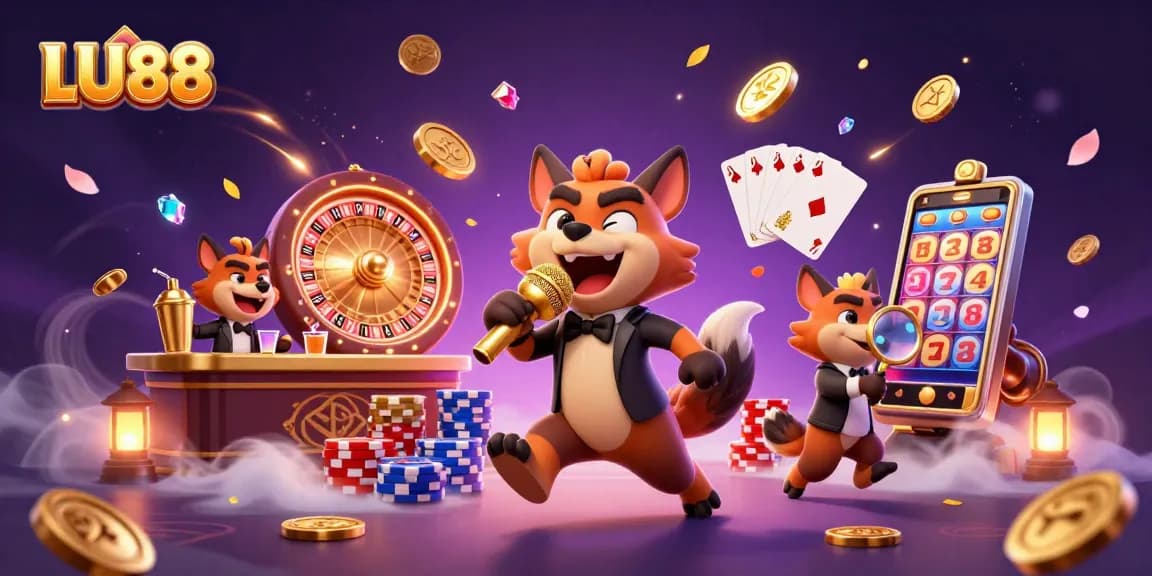 LU88 comedy casino scene with hyenas, gold coins, and roulette wheels, illustrating vibrant gaming action.