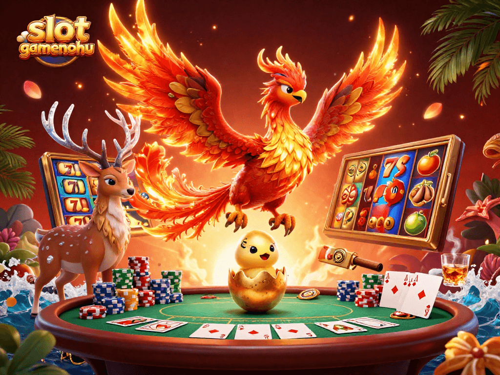 Engage with slotgamenohu's vibrant world of jackpots through an enchanting illustration of a phoenix and casino elements.