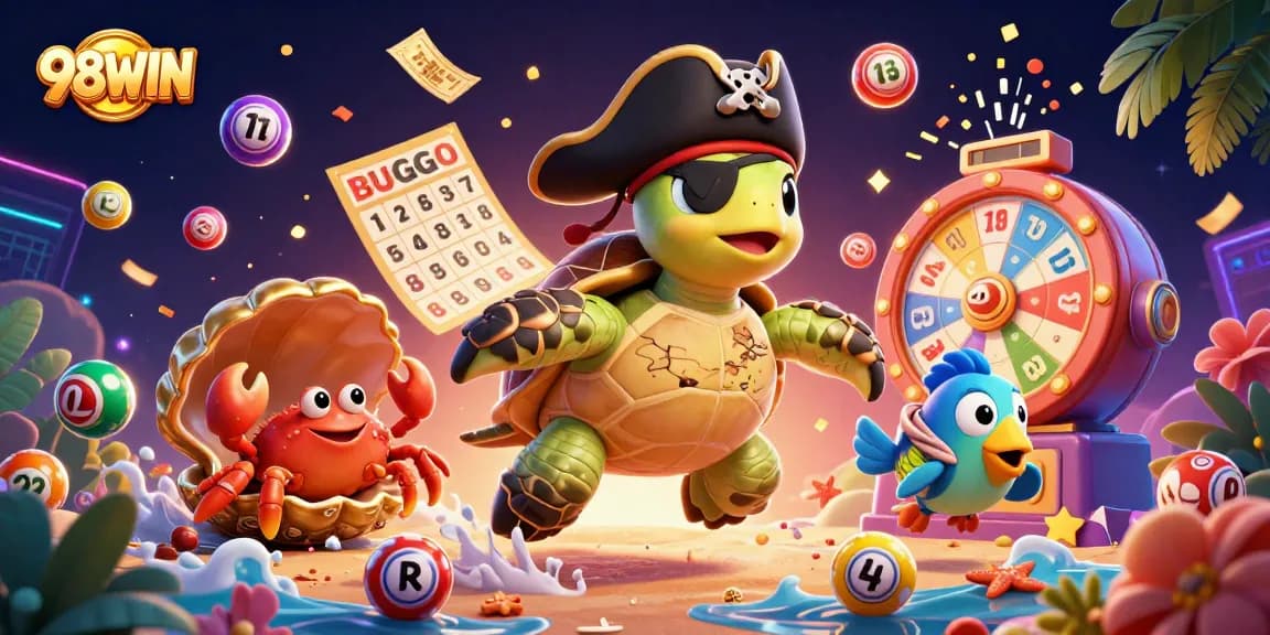 Engage with 98WIN casino illustrated scene featuring a pirate turtle and lottery elements.