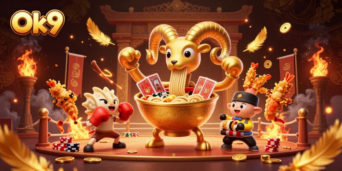 Engage with the vibrant world of Ok9 casino featuring a giant golden ramen bowl dealing cards and chips.