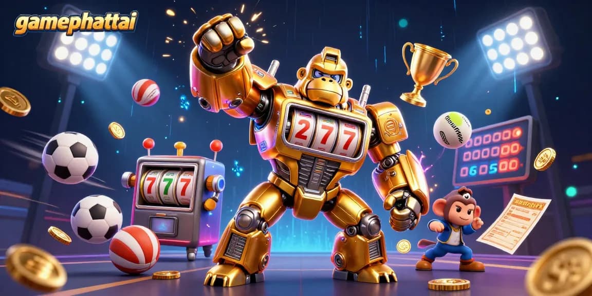 Experience thrilling spins in gamephattai with a striking 3D golden gorilla mech and dynamic sports elements.