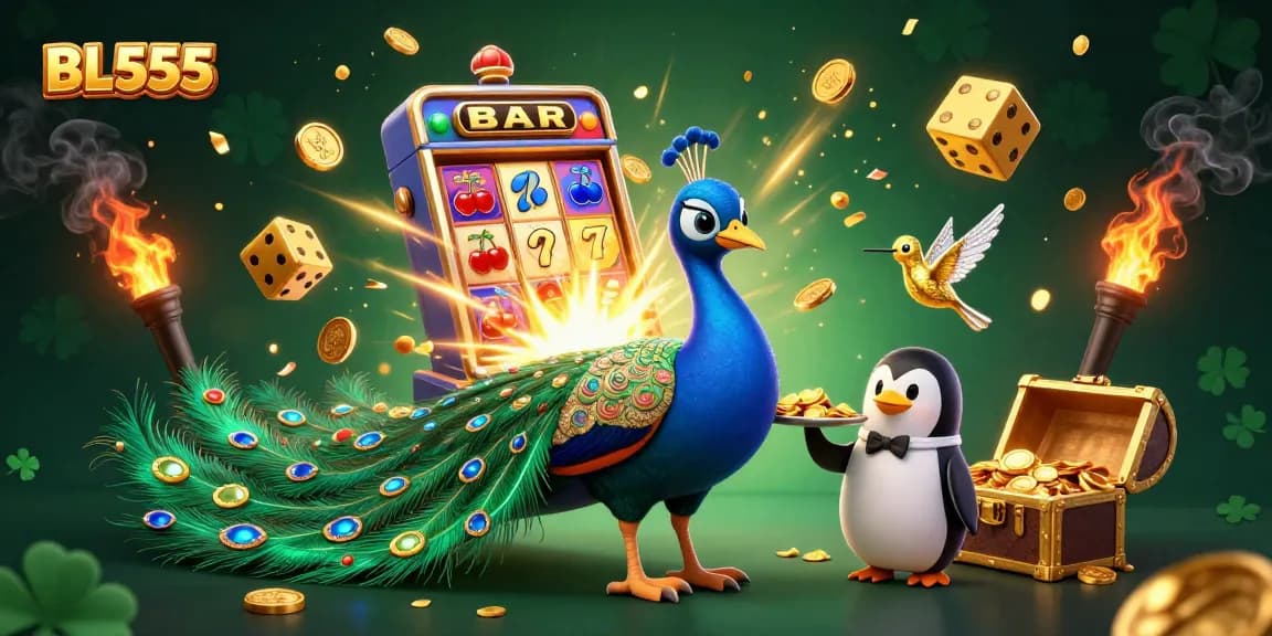 Engage in thrilling wins at BL555 with a vibrant 3D gambling illustration showcasing exotic characters and dynamic casino elements.