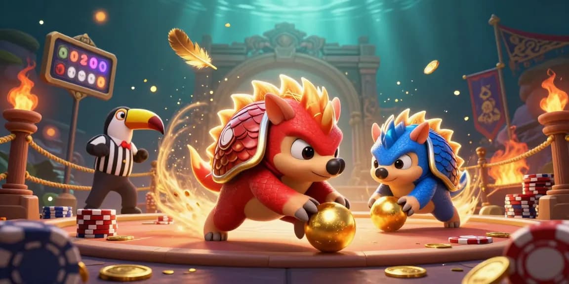Experience thrilling gaming action with jollyph as rival pangolins roll golden balls in a dynamic casino scene.