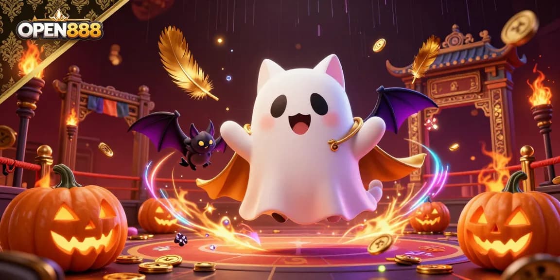 Take a gamble with OPEN888 in a vibrant casino scene featuring a ghost cat and vampire bat.