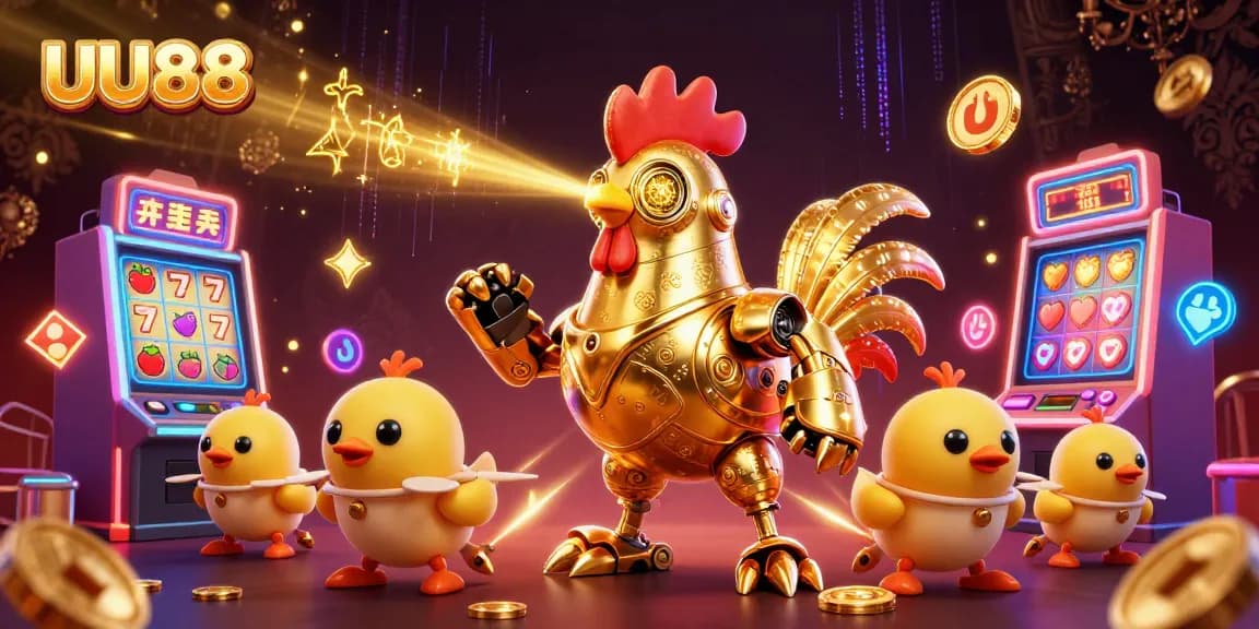 Engage in thrilling slot gameplay with UU88's retro-futuristic characters amidst vibrant machines.