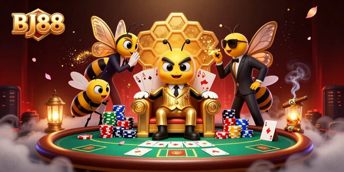 Engage in the vibrant world of BJ88 online gambling with this dynamic 3D illustration of casino action.
