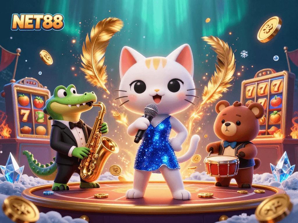 NET88 casino stage illustration featuring a jazz-singer cat, saxophone crocodile, and drum-playing bear with vibrant gambling elements.