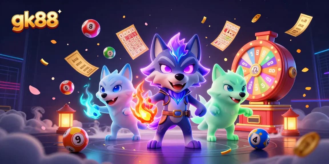 Engage with gk88's thrilling lottery experience featuring a mystical wolf pack surrounded by dynamic game elements.