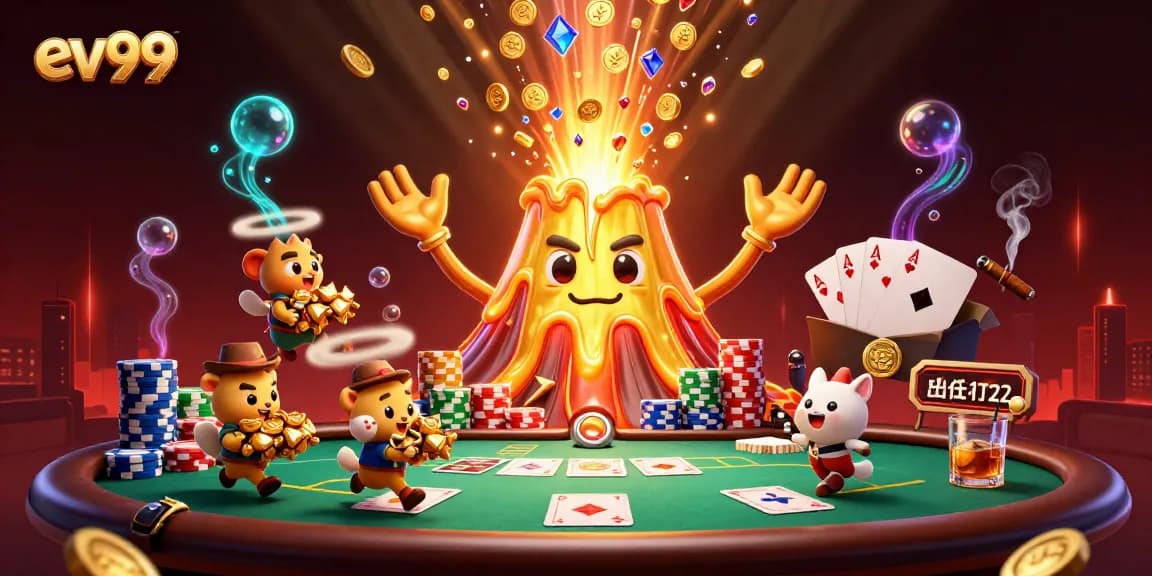 Experience the thrill of ev99 with a vibrant scene featuring treasure-filled volcanoes and poker elements.