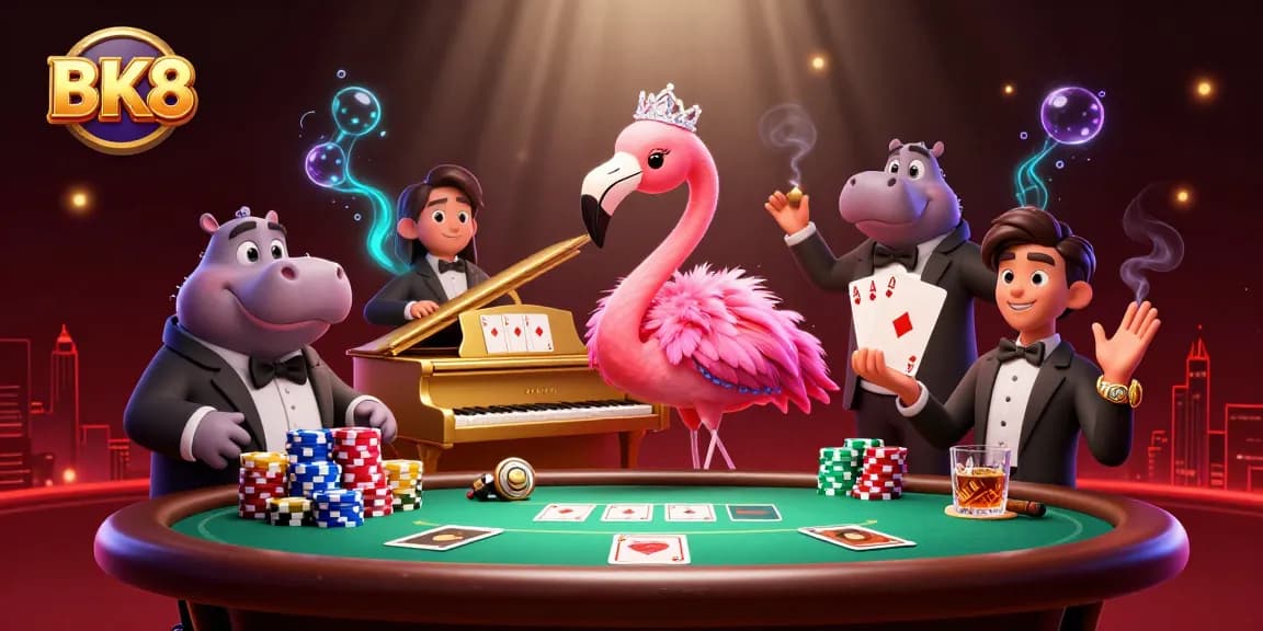 Experience BK8's vibrant casino atmosphere with dynamic characters and elements showcasing gambling excitement.