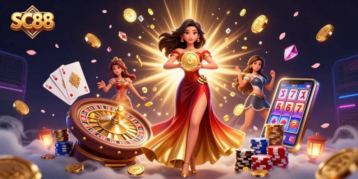 Win big with SC88 in a vibrant casino scene featuring a stunning Asian woman holding a golden coin.