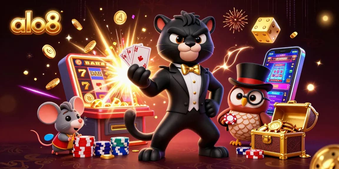 Experience thrilling wins at alo8 with a stylish panther dealer, winning chips, and magical casino elements.