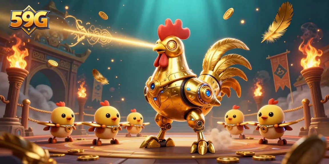 Experience thrilling gaming action at 59G with golden rooster robot and dynamic elements.
