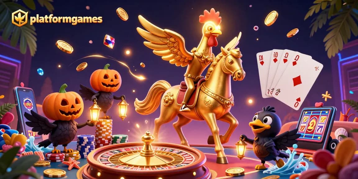 Engage in exhilarating gaming with platformgames, featuring golden rooster and spectral horse in dynamic casino scene.
