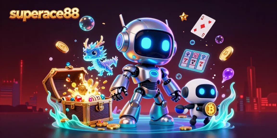 Experience thrilling gameplay with superace88's vibrant characters and slot elements in this immersive casino illustration.