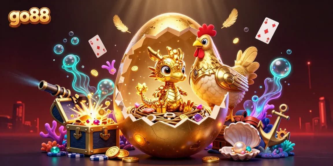 Win big with go88 in this vibrant, detailed 3D illustration featuring a golden dragon amidst casino treasures.