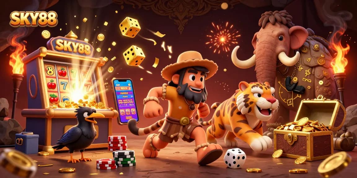 Experience thrilling games at SKY88's vibrant casino featuring iconic symbols and jackpot excitement.