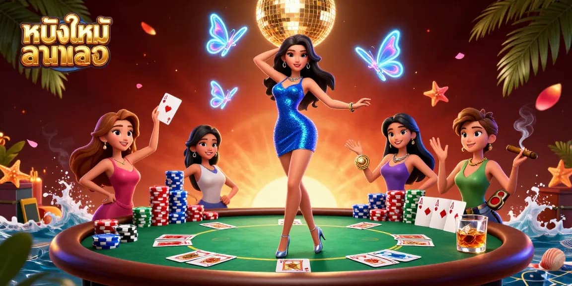 Experience หนังใหม่ชนโรง in a vibrant casino scene filled with poker elements and 3D animated characters.