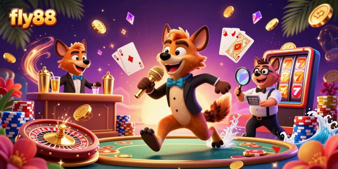Experience the excitement at fly88 with lively hyenas in a vibrant casino scene filled with gold coins and sparkling gems.