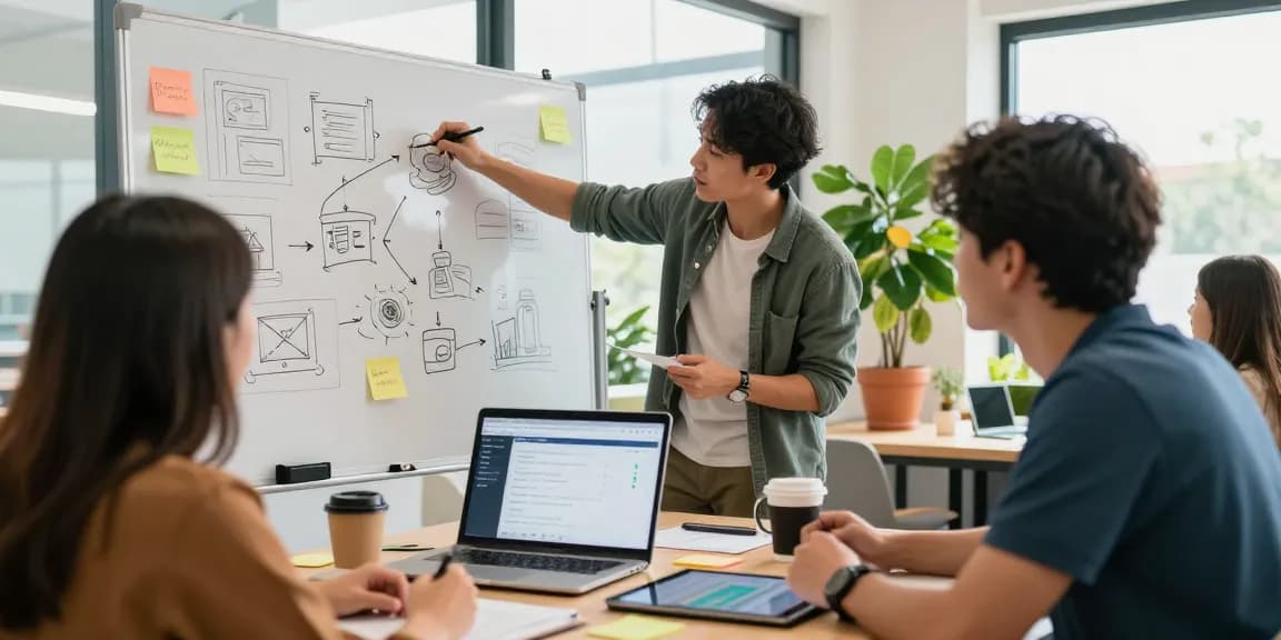 The best payment gateway for business startup is illustrated with an entrepreneur brainstorming solutions in a modern co-working space.